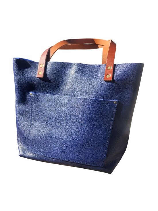 Portland Leather Handbags - Portland Leather Med Classic Tote Cobalt Pebbled Leather Tan Handles (Tandles)